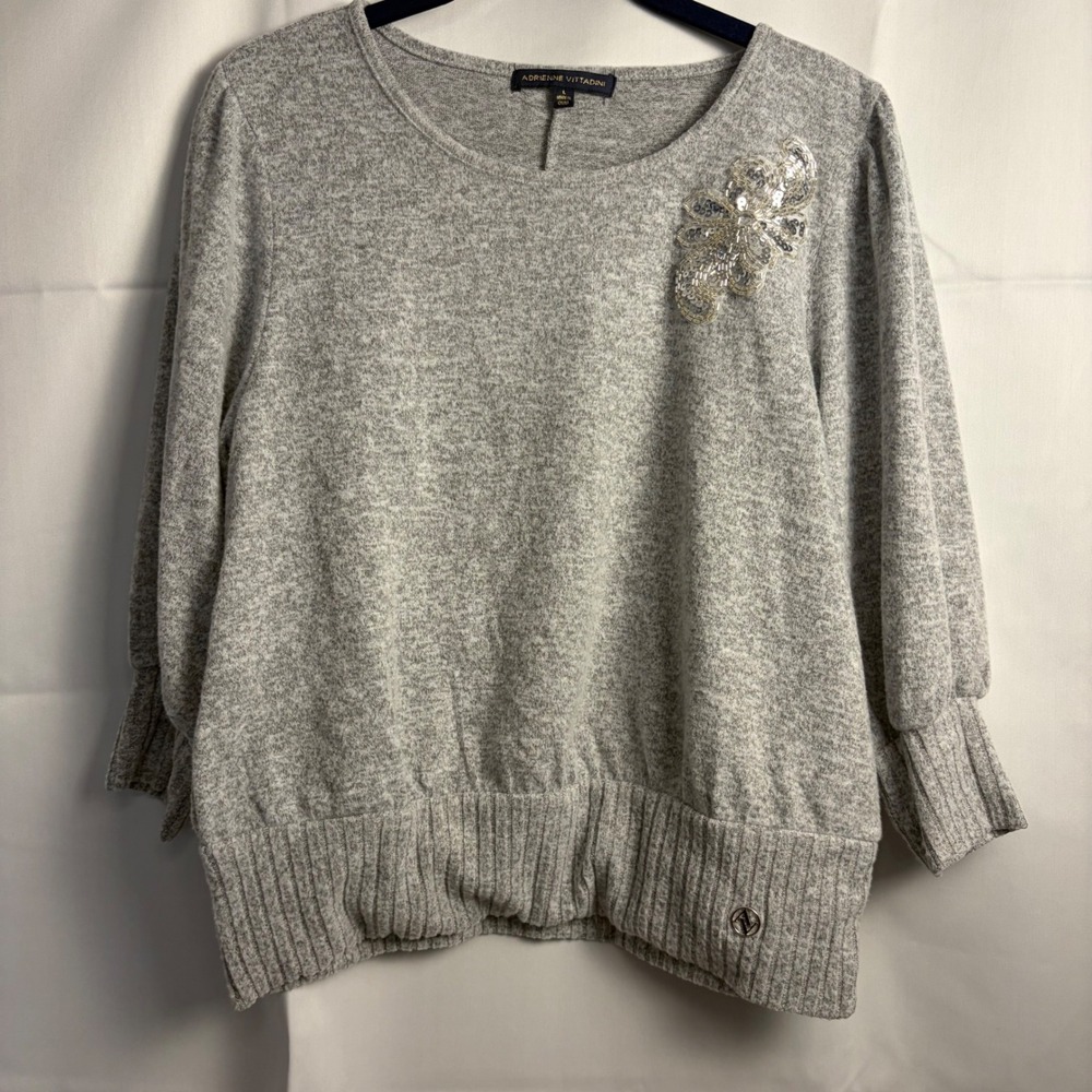 Adrienne Vittadini Gray Sequin Floral Applique Knit Top Sweater VK34209 Mens L